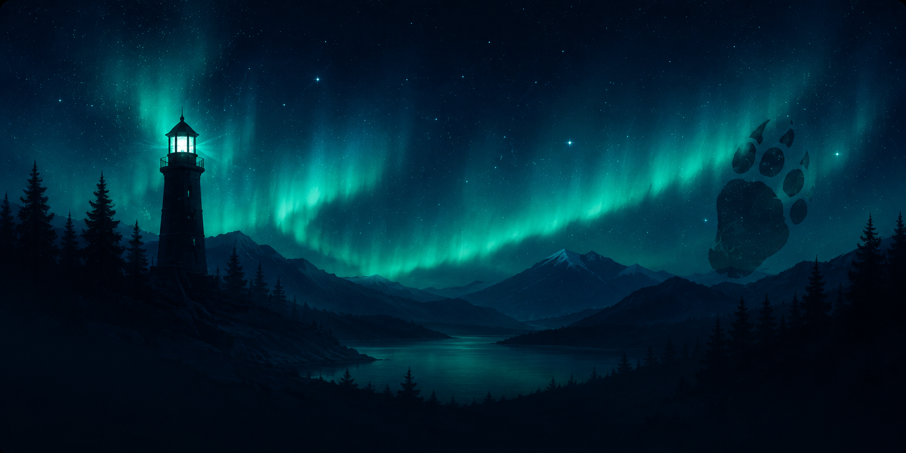 Northern frontier aurora with the Project Sasquatch lighthouse.